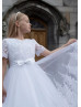 Beaded Short Sleeves White Lace Tulle Tea Length Flower Girl Dress